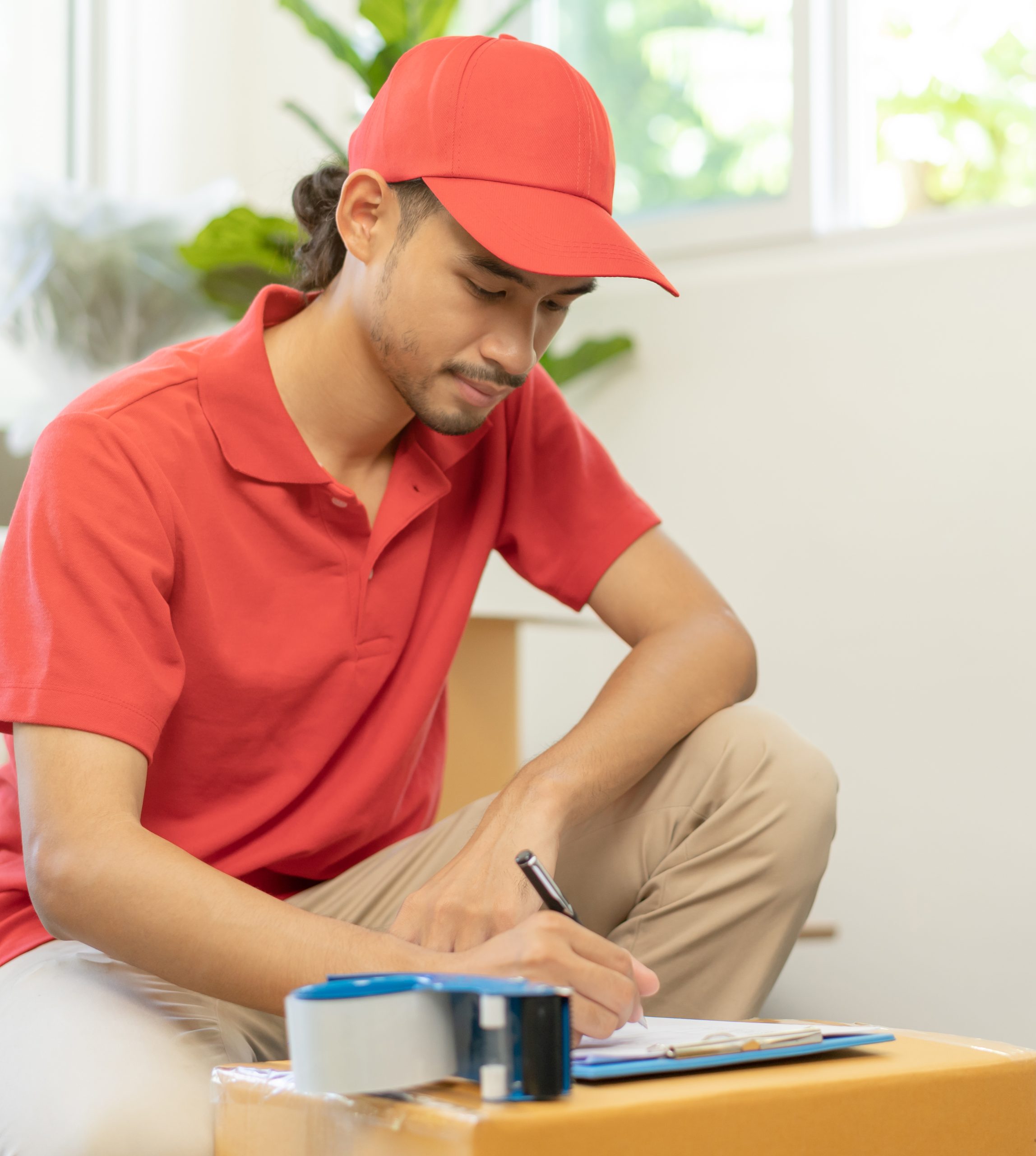 Service, delivery asian man, male checking list stuff, parcel or